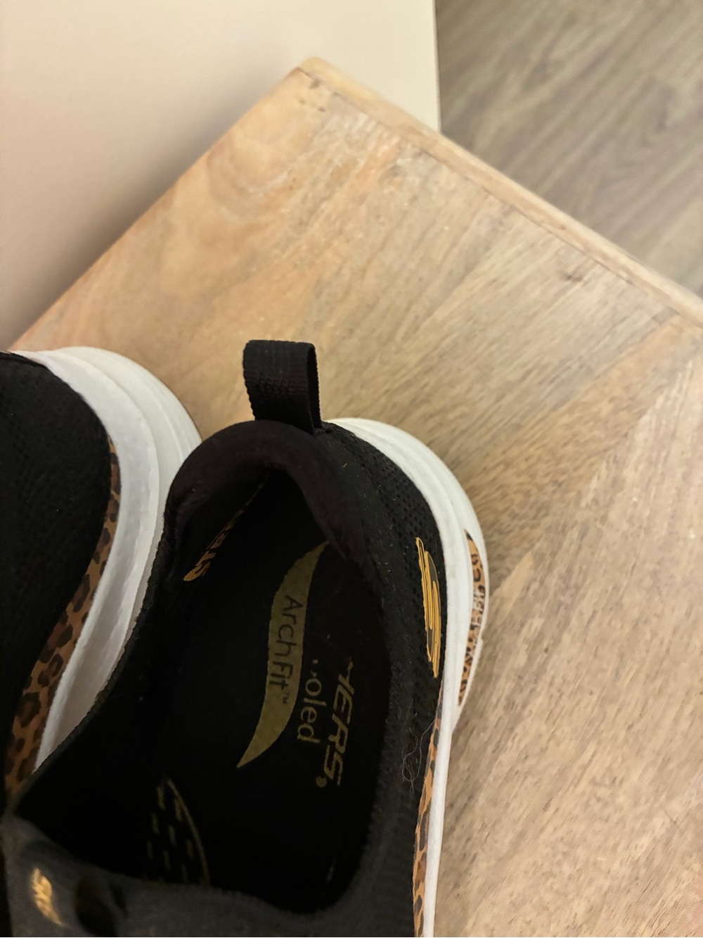 Skechers Black Slip-On Arch Fit Sneakers with Leopard Print Accent - Picture 3 of 5